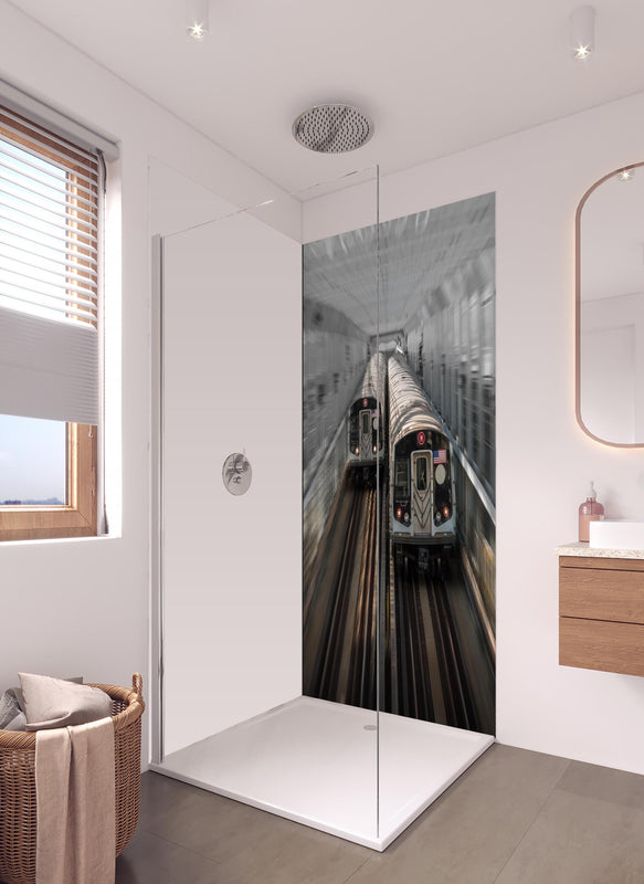 Duschrückwand - Dynamische Aufnahme Zug Brooklyn NY in hellem Badezimmer mit Regenduschkopf - einteilige Duschrückwand