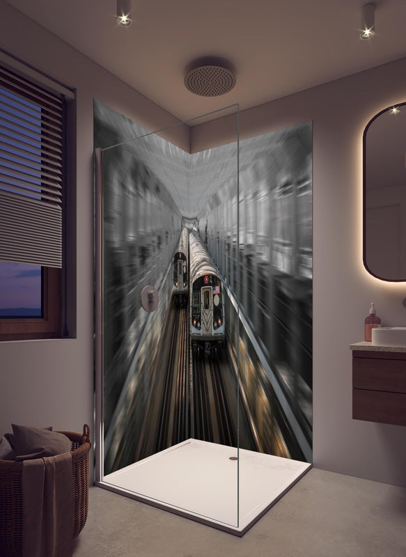Duschrückwand - Dynamische Aufnahme Zug Brooklyn NY in cremefarbenem Badezimmer mit Regenduschkopf