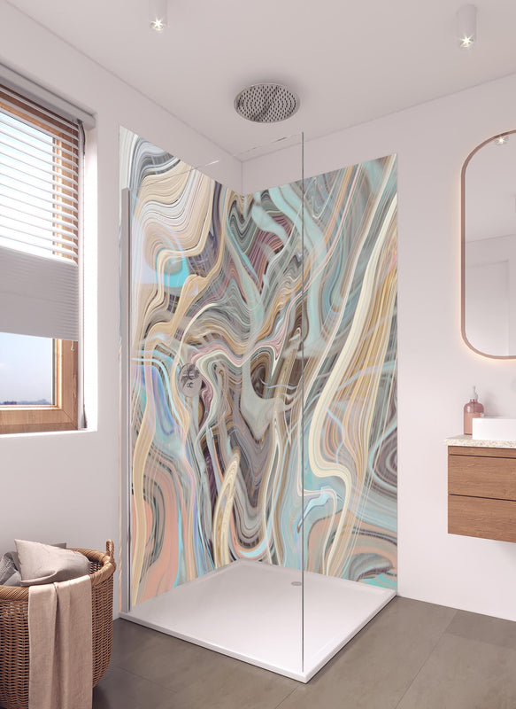 Duschrückwand - Ein Strudel aus Marmor in hellem Badezimmer mit Regenduschkopf  - zweiteilige Eck-Duschrückwand