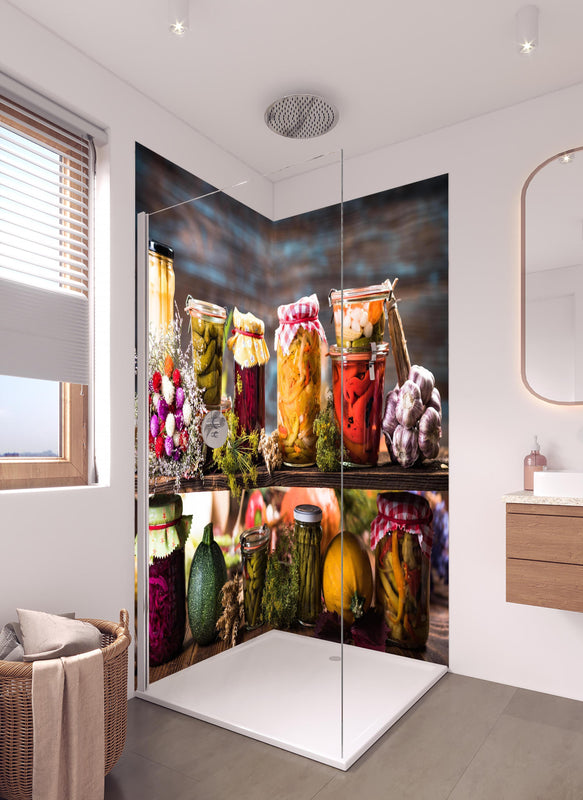 Duschrückwand - Eingemachte Lebensmittel in hellem Badezimmer mit Regenduschkopf  - zweiteilige Eck-Duschrückwand
