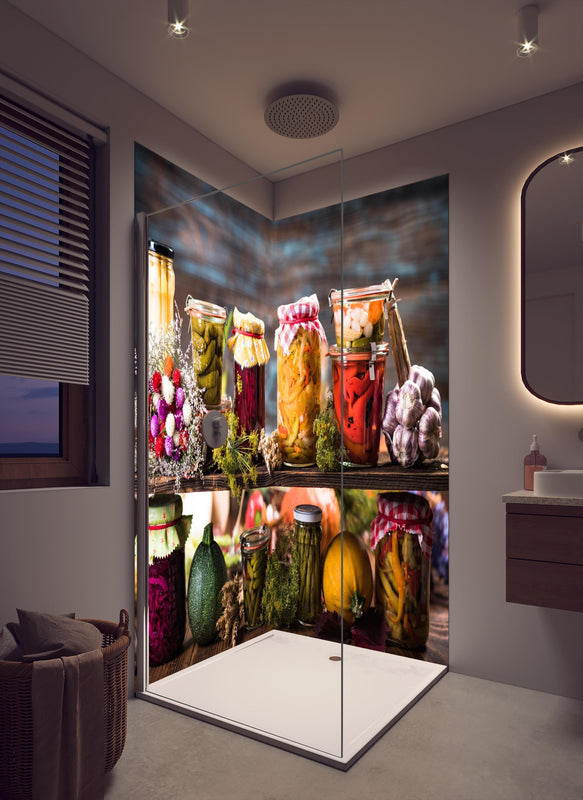 Duschrückwand - Eingemachte Lebensmittel in cremefarbenem Badezimmer mit Regenduschkopf