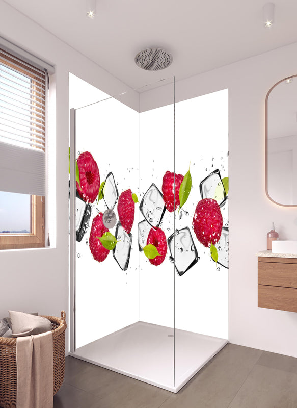 Duschrückwand - Eiswürfel mit Himbeeren in hellem Badezimmer mit Regenduschkopf  - zweiteilige Eck-Duschrückwand