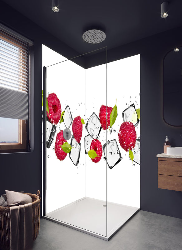 Duschrückwand - Eiswürfel mit Himbeeren in dunklem Badezimmer mit Regenduschkopf