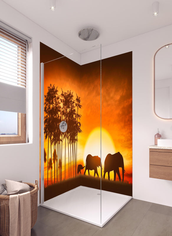 Duschrückwand - Elefantenfamilie in hellem Badezimmer mit Regenduschkopf  - zweiteilige Eck-Duschrückwand