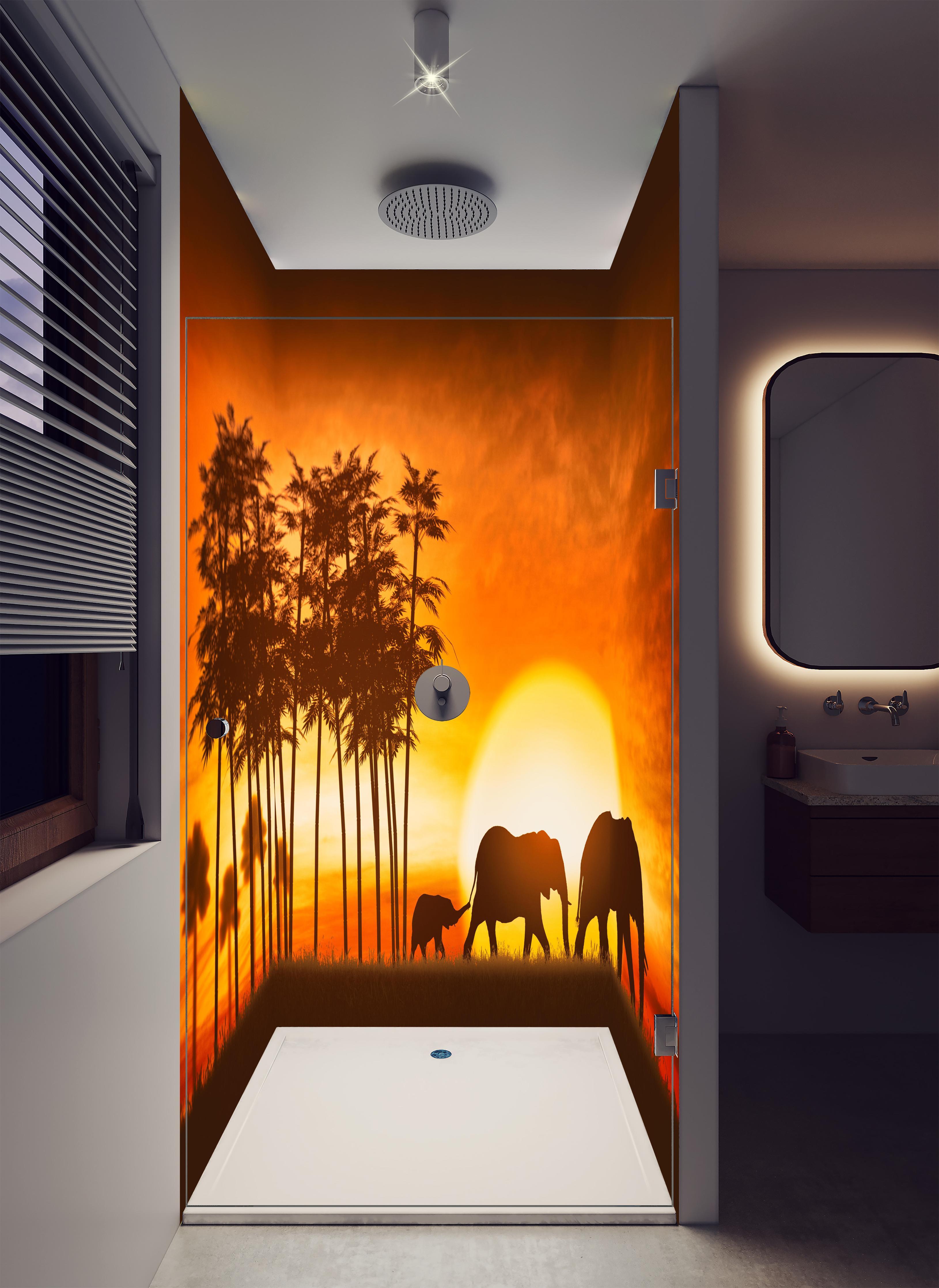 Duschrückwand - Elefantenfamilie in luxuriöser Dusche mit Regenduschkopf