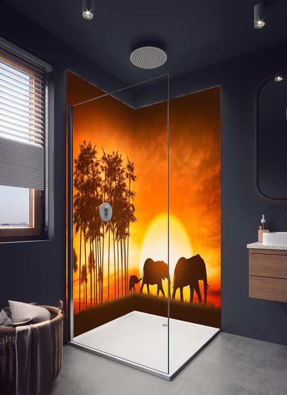 Duschrückwand - Elefantenfamilie in dunklem Badezimmer mit Regenduschkopf