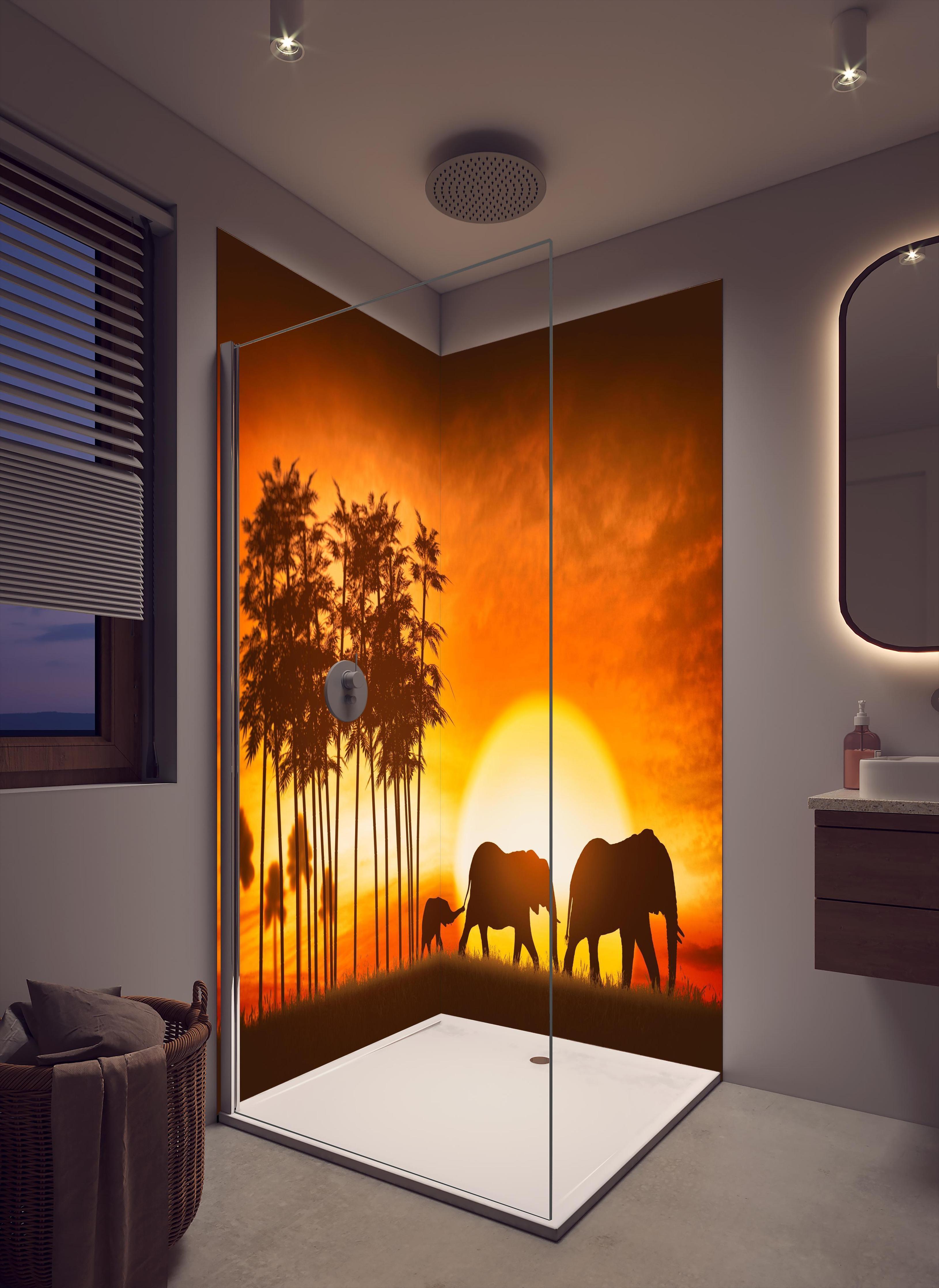 Duschrückwand - Elefantenfamilie in cremefarbenem Badezimmer mit Regenduschkopf