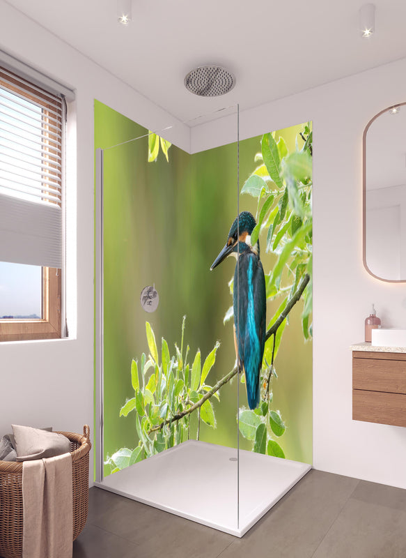 Duschrückwand - Exotischer friedlicher Eisvogel in hellem Badezimmer mit Regenduschkopf  - zweiteilige Eck-Duschrückwand