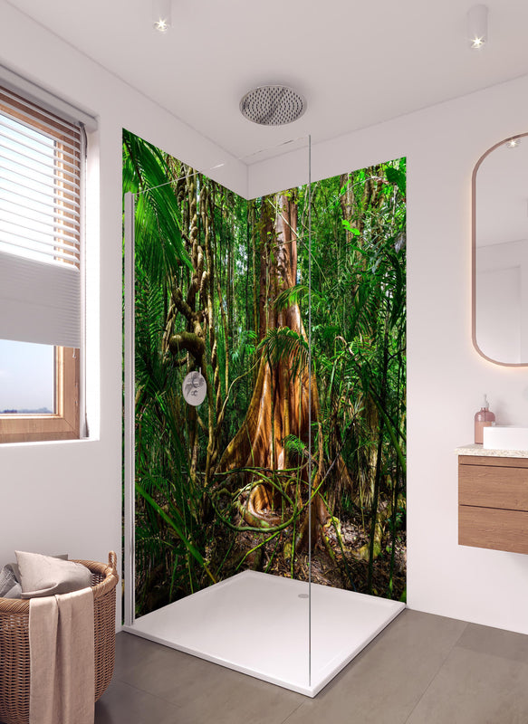 Duschrückwand - Feigenbaum in hellem Badezimmer mit Regenduschkopf  - zweiteilige Eck-Duschrückwand