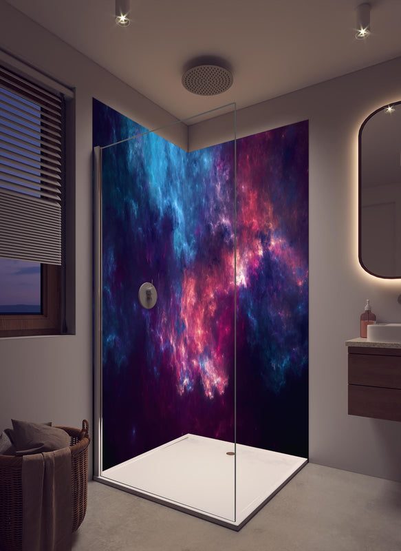 Duschrückwand - Fiktiver Weltraum in cremefarbenem Badezimmer mit Regenduschkopf