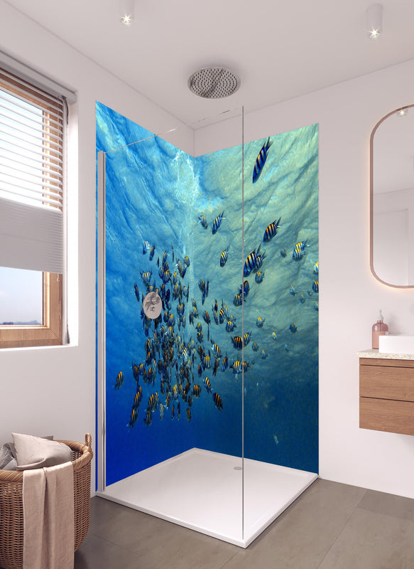 Duschrückwand - Fische im klarem Meer in hellem Badezimmer mit Regenduschkopf  - zweiteilige Eck-Duschrückwand
