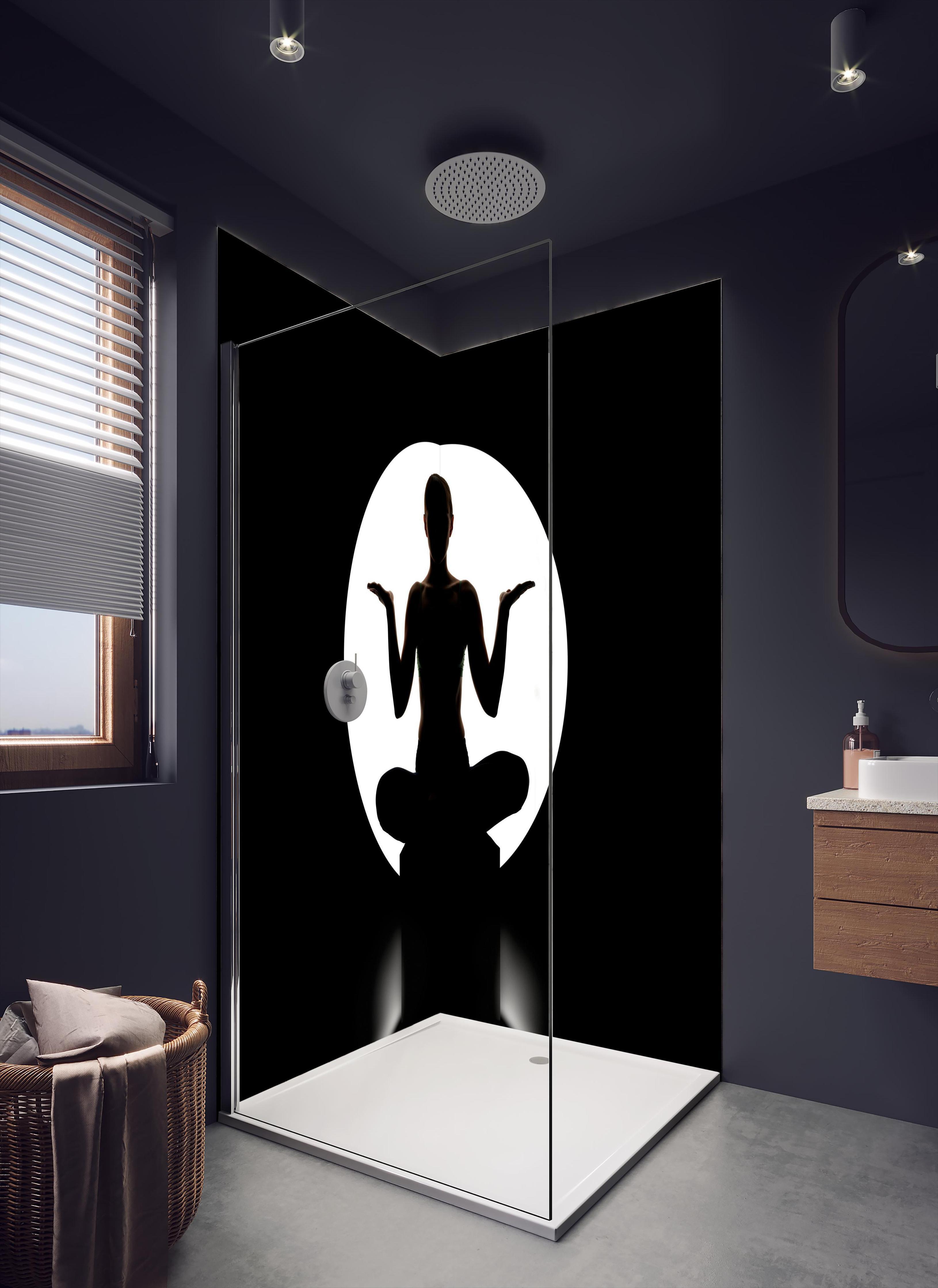 Duschrückwand - Frau Silhouette sitzt in Yoga-Pose in dunklem Badezimmer mit Regenduschkopf