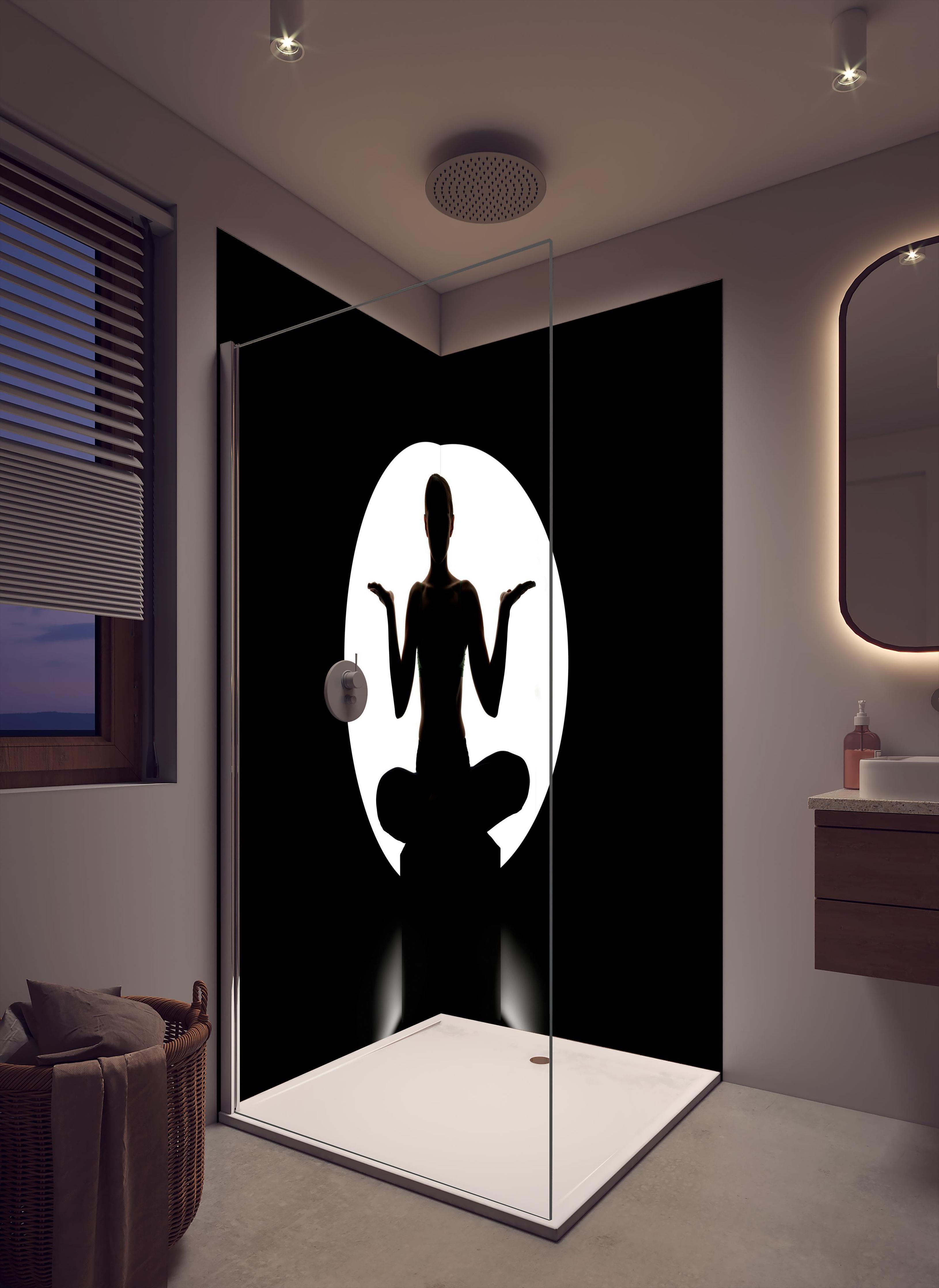 Duschrückwand - Frau Silhouette sitzt in Yoga-Pose in cremefarbenem Badezimmer mit Regenduschkopf