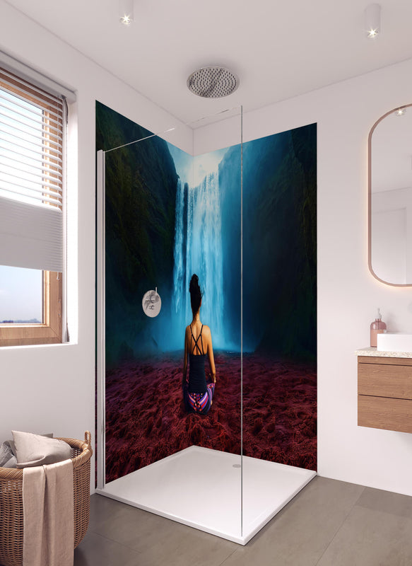 Duschrückwand - Frau meditierend vor traumhaften Wasserfall in hellem Badezimmer mit Regenduschkopf  - zweiteilige Eck-Duschrückwand