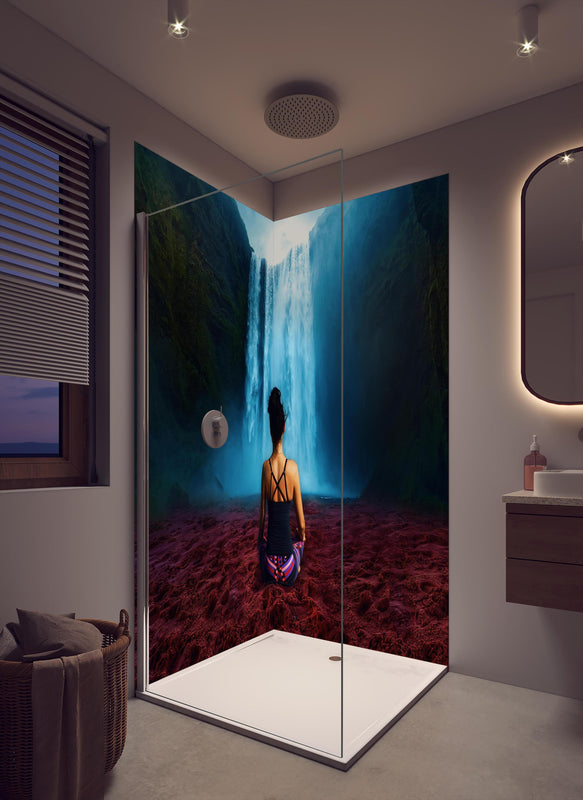 Duschrückwand - Frau meditierend vor traumhaften Wasserfall in cremefarbenem Badezimmer mit Regenduschkopf
