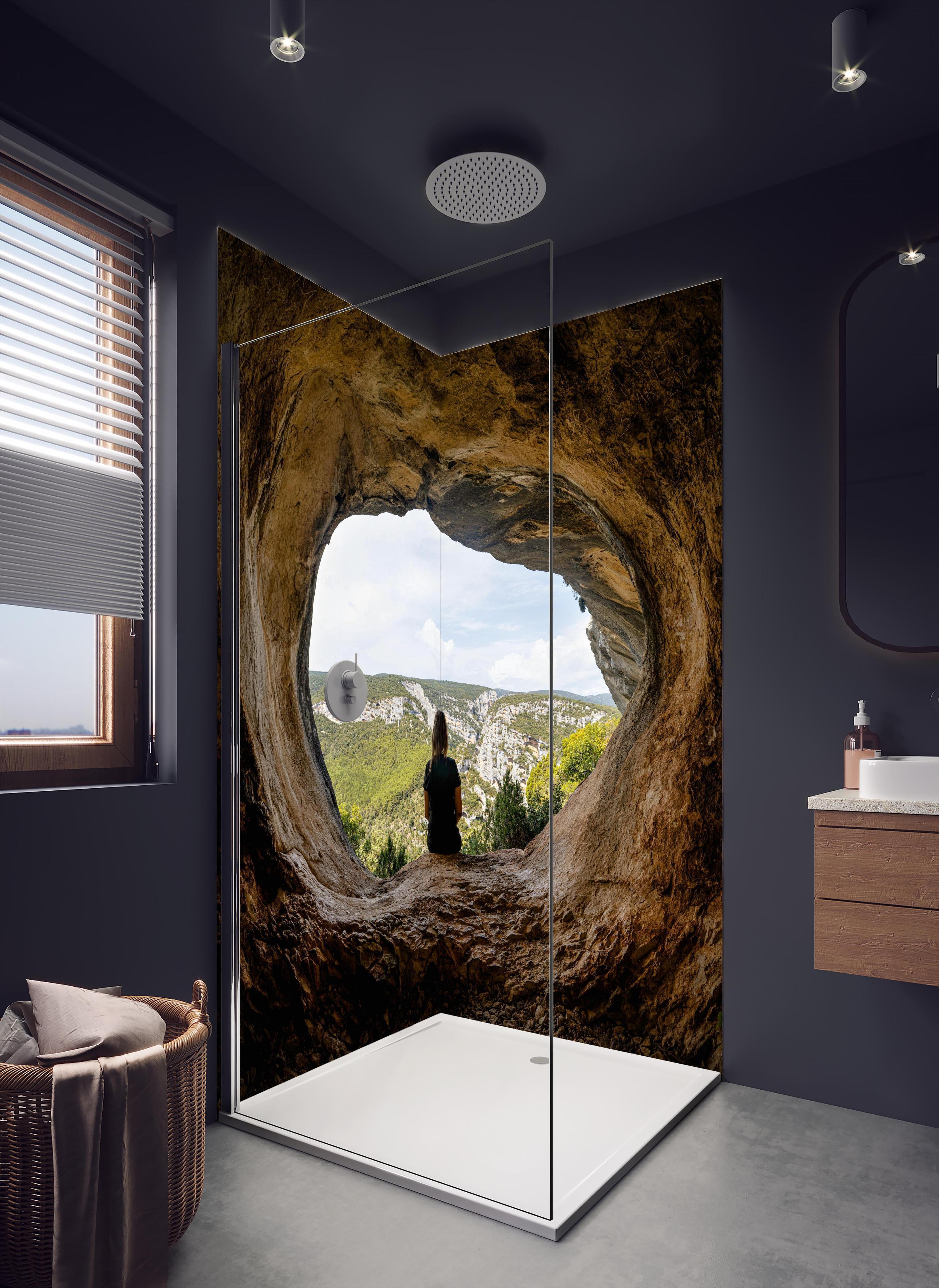 Duschrückwand - Frau sitzend in Berghöhle mit Blick auf Landschaft in dunklem Badezimmer mit Regenduschkopf