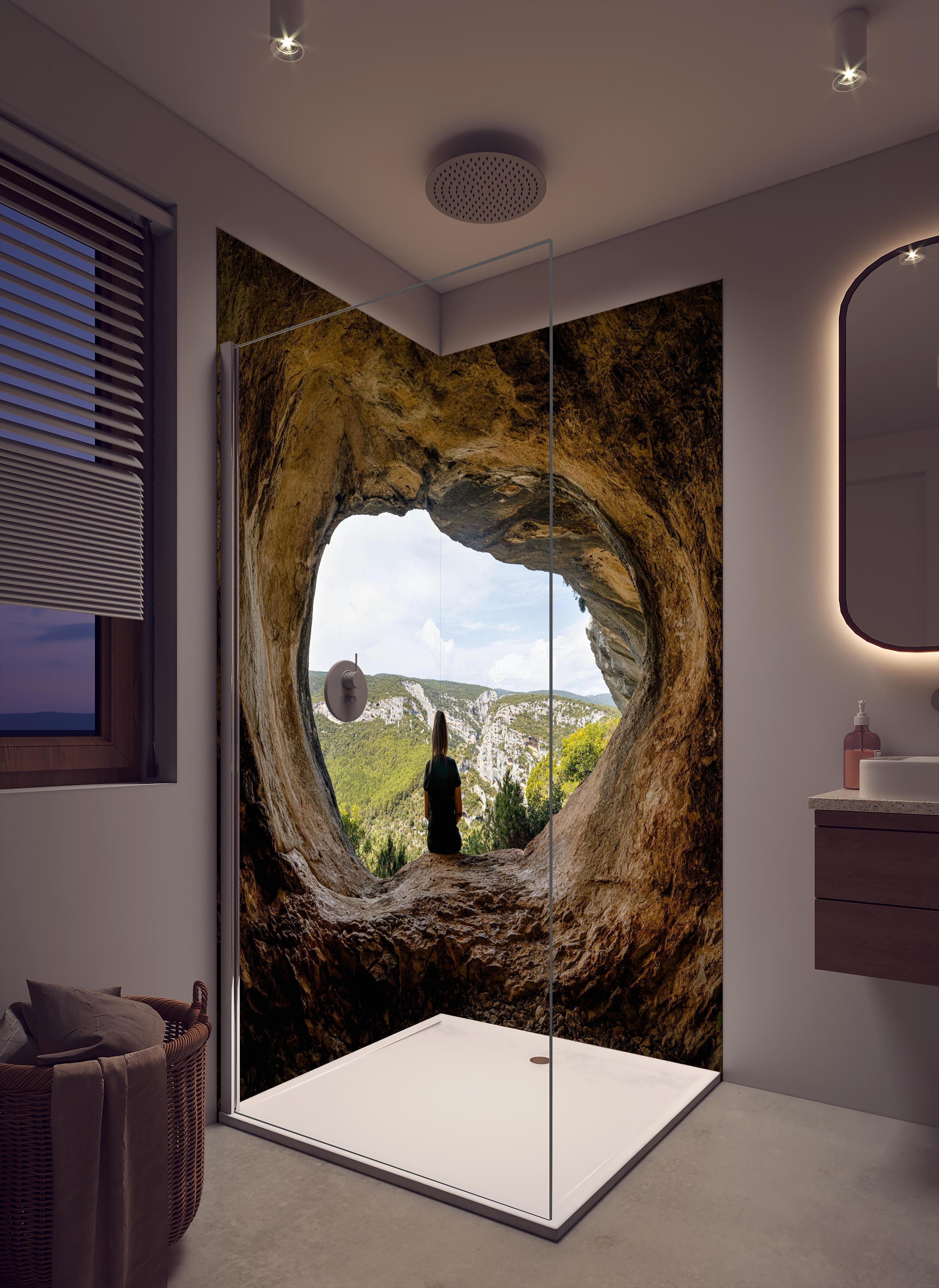 Duschrückwand - Frau sitzend in Berghöhle mit Blick auf Landschaft in cremefarbenem Badezimmer mit Regenduschkopf