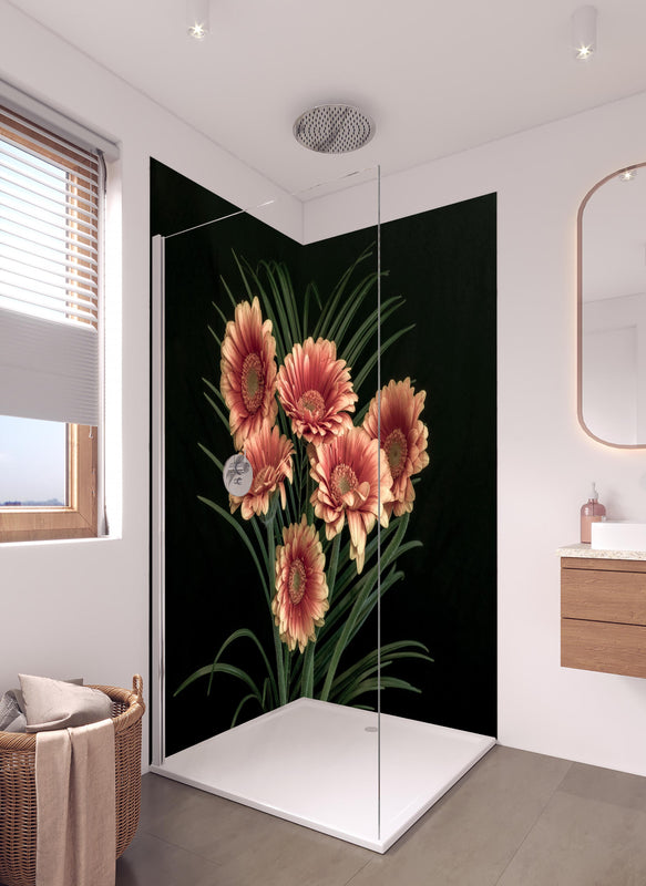 Duschrückwand - Frischer Blumenstrauß Stillleben in hellem Badezimmer mit Regenduschkopf  - zweiteilige Eck-Duschrückwand