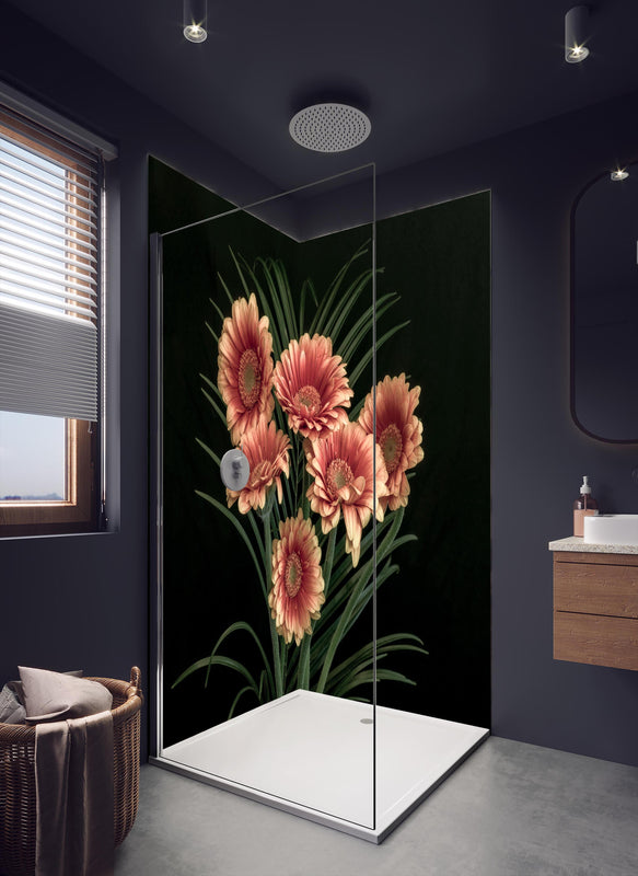 Duschrückwand - Frischer Blumenstrauß Stillleben in dunklem Badezimmer mit Regenduschkopf