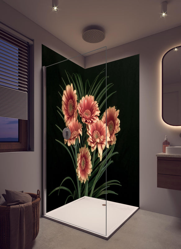 Duschrückwand - Frischer Blumenstrauß Stillleben in cremefarbenem Badezimmer mit Regenduschkopf