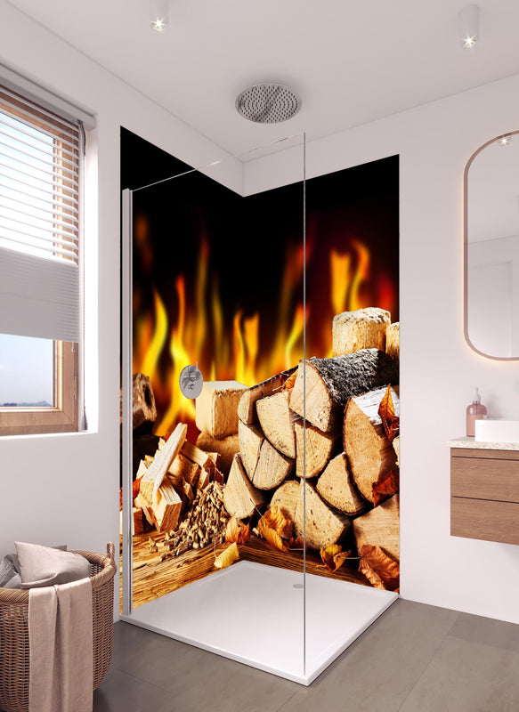 Duschrückwand - Gestapelte Holzscheite vor brennendem Feuer in hellem Badezimmer mit Regenduschkopf  - zweiteilige Eck-Duschrückwand