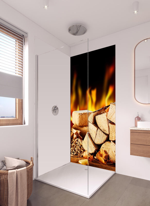 Duschrückwand - Gestapelte Holzscheite vor brennendem Feuer in hellem Badezimmer mit Regenduschkopf - einteilige Duschrückwand