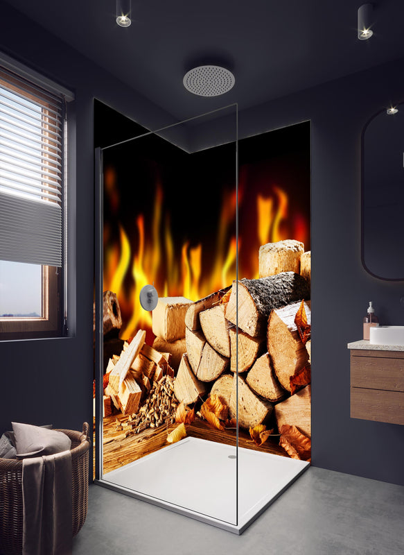 Duschrückwand - Gestapelte Holzscheite vor brennendem Feuer in dunklem Badezimmer mit Regenduschkopf