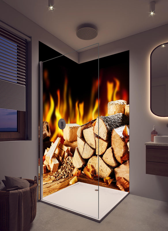 Duschrückwand - Gestapelte Holzscheite vor brennendem Feuer in cremefarbenem Badezimmer mit Regenduschkopf