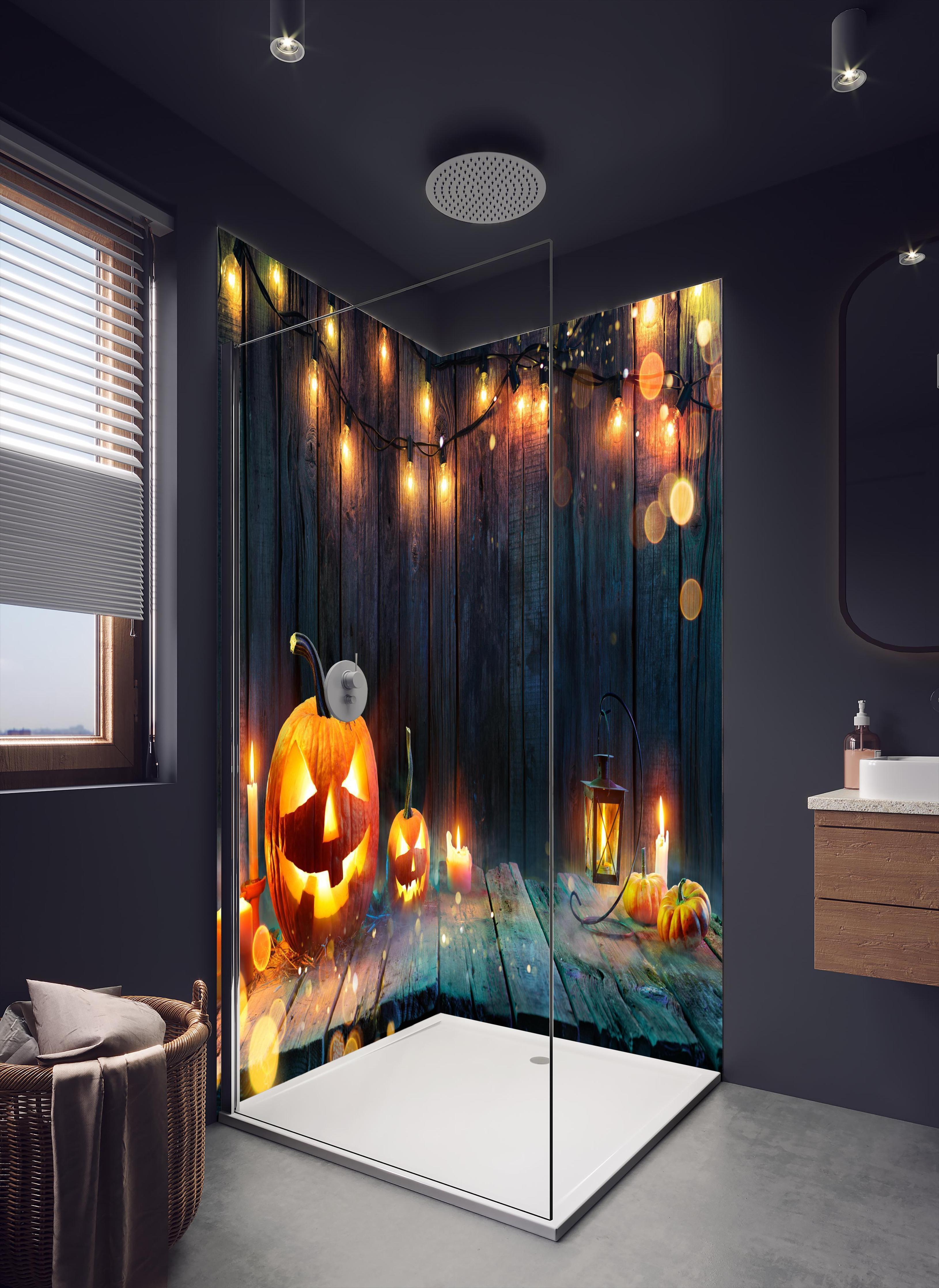 Duschrückwand - Halloween - Kerzen und Lichterketten in dunklem Badezimmer mit Regenduschkopf