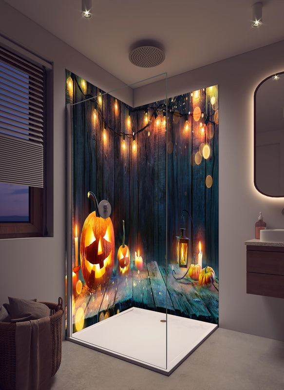 Duschrückwand - Halloween - Kerzen und Lichterketten in cremefarbenem Badezimmer mit Regenduschkopf