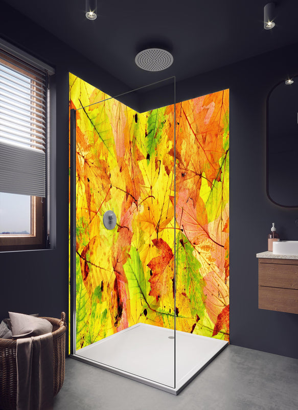 Duschrückwand - Herbstblätter Hintergrund in dunklem Badezimmer mit Regenduschkopf