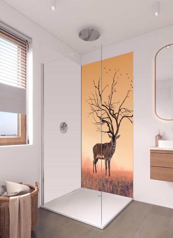 Duschrückwand - Hirsch mit abstraktem Baum-Geweih in hellem Badezimmer mit Regenduschkopf - einteilige Duschrückwand