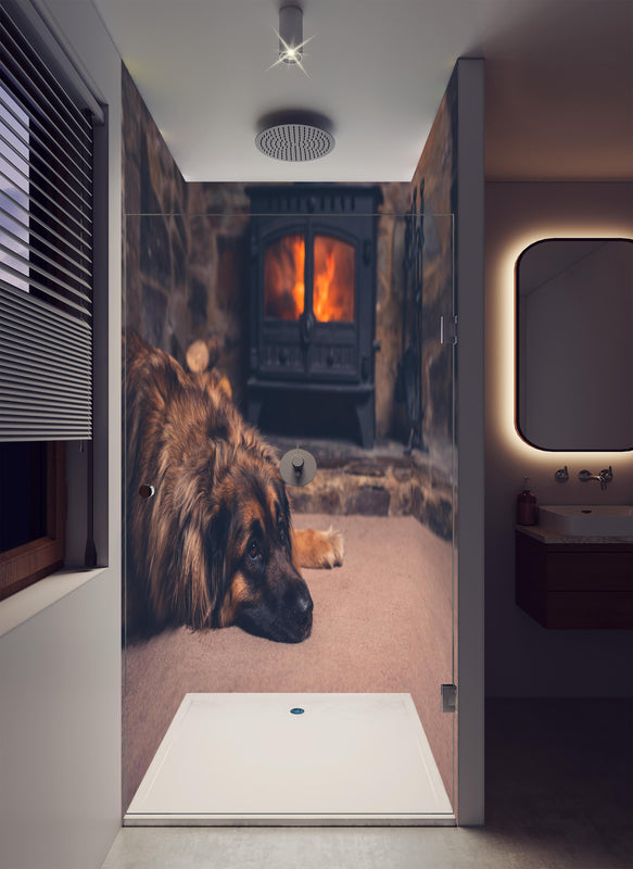 Duschrückwand - Hund entspannt am Feuer in luxuriöser Dusche mit Regenduschkopf
