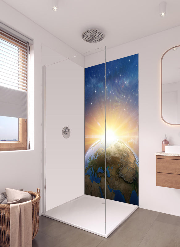 Duschrückwand - Illustrierter Sonnenaufgang aus dem Weltall in hellem Badezimmer mit Regenduschkopf - einteilige Duschrückwand
