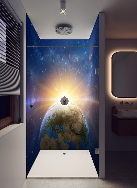 Duschrückwand - Illustrierter Sonnenaufgang aus dem Weltall in luxuriöser Dusche mit Regenduschkopf