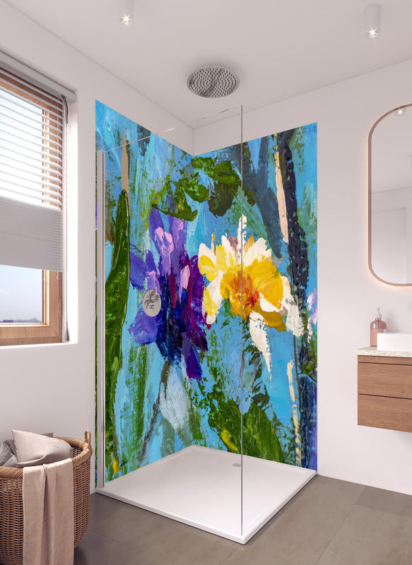 Duschrückwand - Impressionistisches Blumen Gemälde in hellem Badezimmer mit Regenduschkopf  - zweiteilige Eck-Duschrückwand