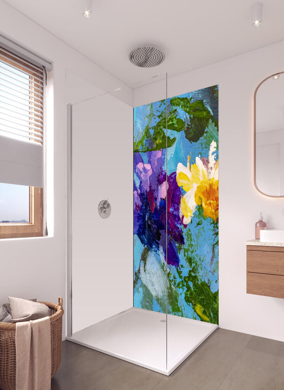 Duschrückwand - Impressionistisches Blumen Gemälde in hellem Badezimmer mit Regenduschkopf - einteilige Duschrückwand