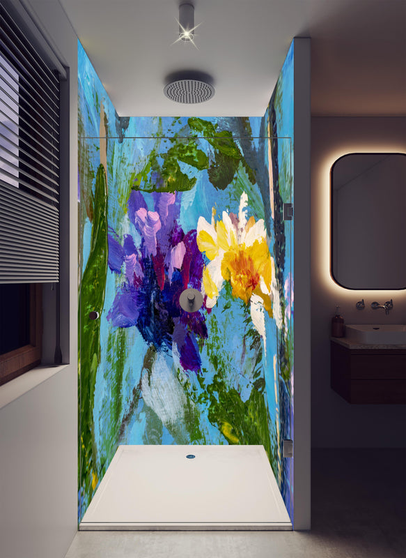 Duschrückwand - Impressionistisches Blumen Gemälde in luxuriöser Dusche mit Regenduschkopf