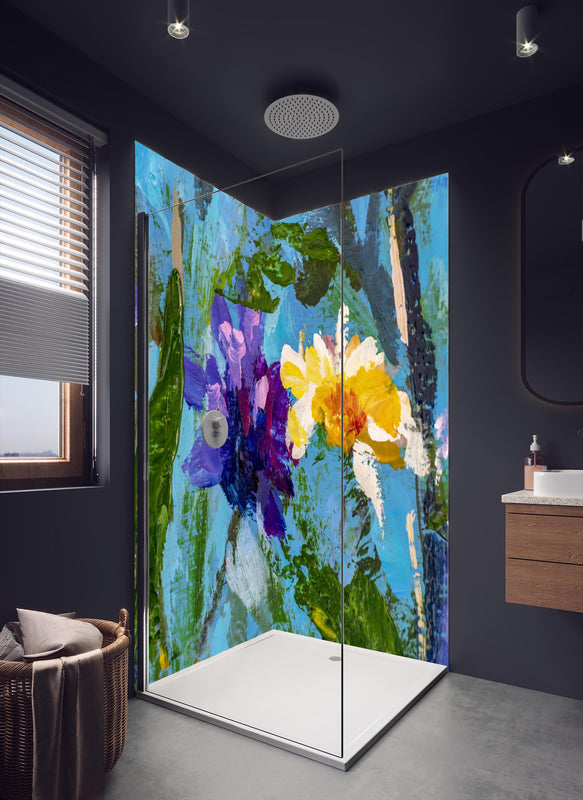 Duschrückwand - Impressionistisches Blumen Gemälde in dunklem Badezimmer mit Regenduschkopf