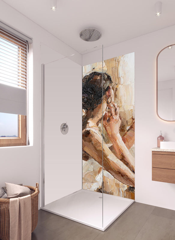 Duschrückwand - Impressionistisches Ölgemälde einer jungen Frau in hellem Badezimmer mit Regenduschkopf - einteilige Duschrückwand