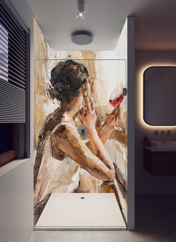 Duschrückwand - Impressionistisches Ölgemälde einer jungen Frau in luxuriöser Dusche mit Regenduschkopf