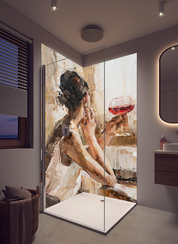 Duschrückwand - Impressionistisches Ölgemälde einer jungen Frau in cremefarbenem Badezimmer mit Regenduschkopf