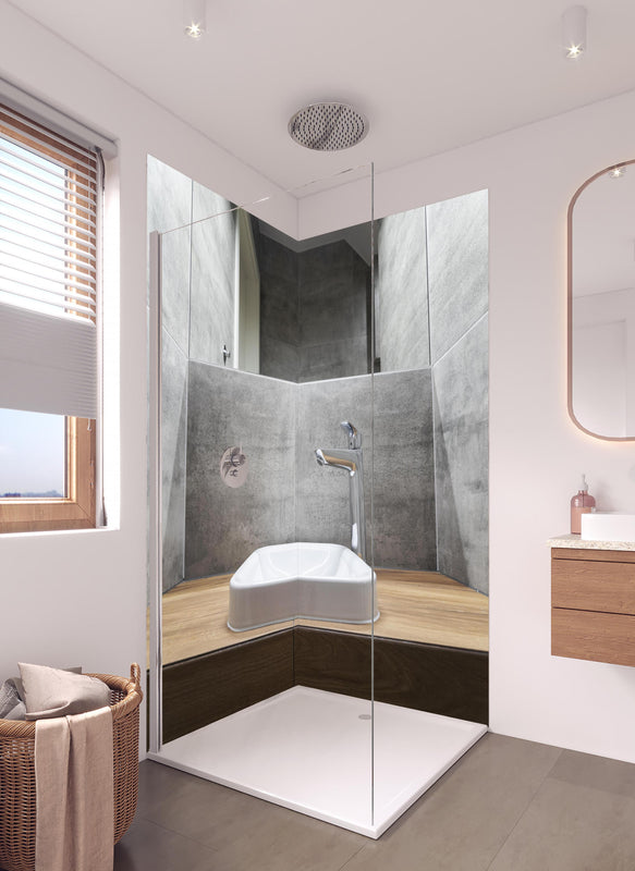 Duschrückwand - Interieur eines modernen Badezimmers in hellem Badezimmer mit Regenduschkopf  - zweiteilige Eck-Duschrückwand