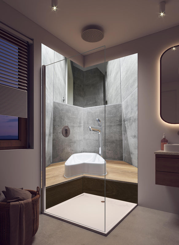 Duschrückwand - Interieur eines modernen Badezimmers in cremefarbenem Badezimmer mit Regenduschkopf