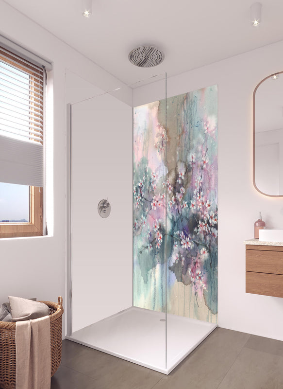Duschrückwand - Japanische Kirchblüten mit Aquarell Muster in hellem Badezimmer mit Regenduschkopf - einteilige Duschrückwand