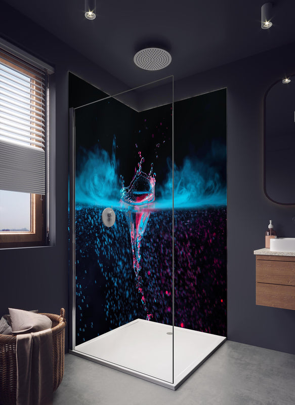 Duschrückwand - Krone Wasserspritzer mit blauem Rauch über Wasser in dunklem Badezimmer mit Regenduschkopf