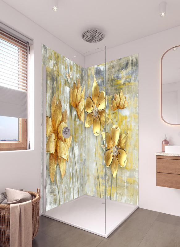 Duschrückwand - Künstlerische Blattgold-Blumen in hellem Badezimmer mit Regenduschkopf  - zweiteilige Eck-Duschrückwand