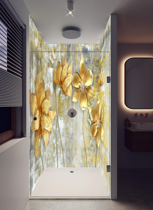 Duschrückwand - Künstlerische Blattgold-Blumen in luxuriöser Dusche mit Regenduschkopf