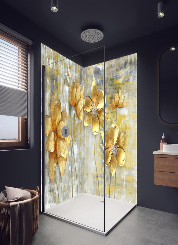 Duschrückwand - Künstlerische Blattgold-Blumen in dunklem Badezimmer mit Regenduschkopf
