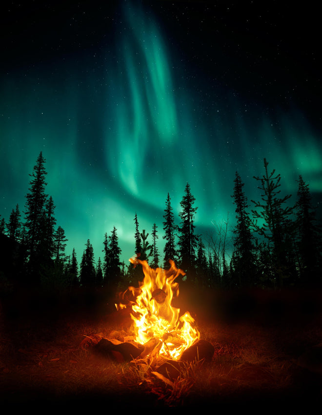 Duschrückwand - Lagerfeuer mit Nordlichtern in den Wäldern Schwedens